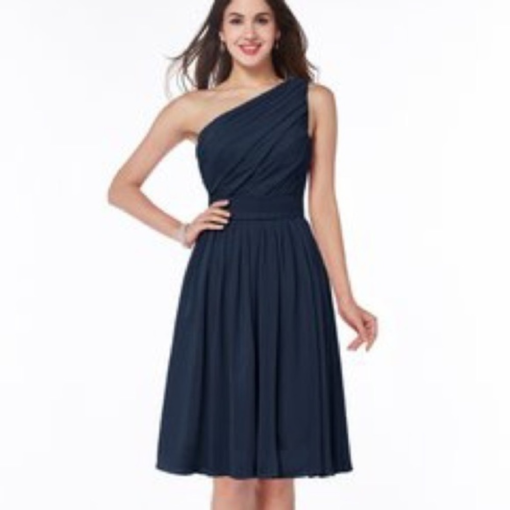 Navy Ruched, One Shoulder, Chiffon Dress